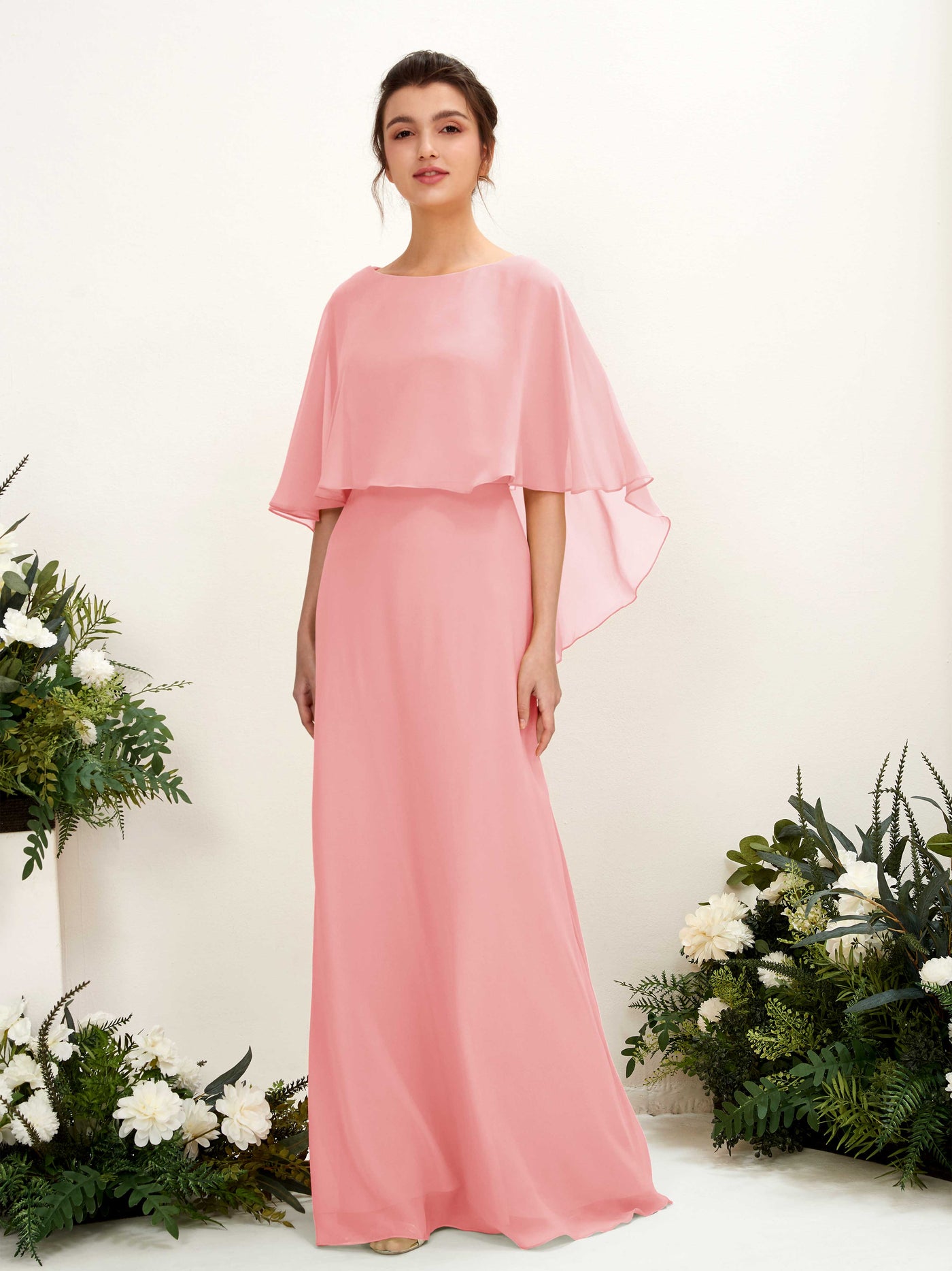 Carlyna Savin Sheath Ballet Pink Bridesmaid Dress Maxi Cap Sleeve Boat Neck Dress #color_ballet-pink