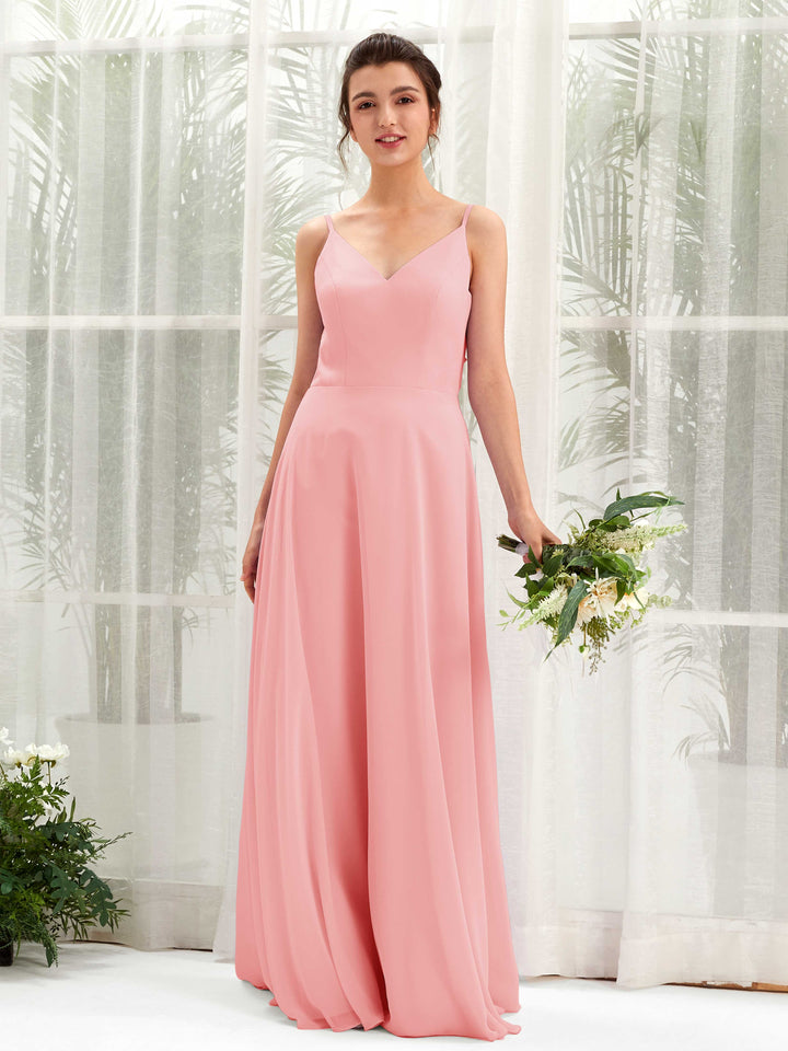 A-line Spaghetti-straps V-neck Sleeveless Chiffon Bridesmaid Dress - Ballet Pink (81220640)