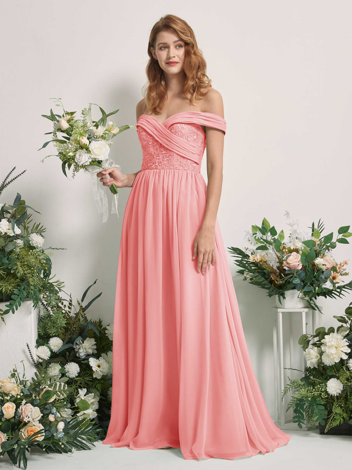 Ballet Pink Bridesmaid Dresses Ball Gown Off Shoulder Sleeveless Chiffon Dresses (83220440)