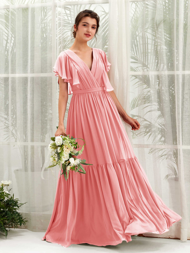 V-neck Cap Sleeves Chiffon Bridesmaid Dress - Ballet Pink (81225940)