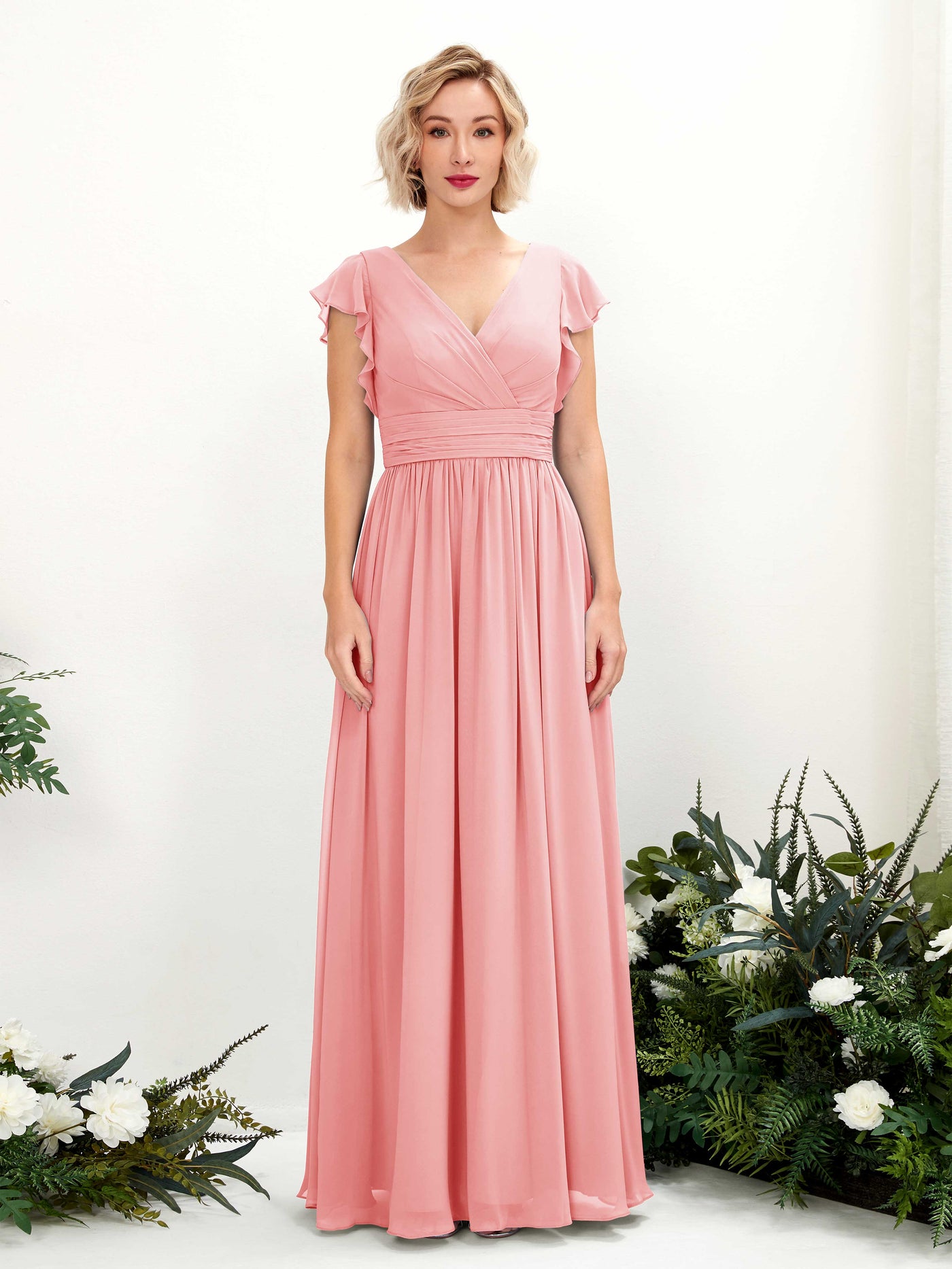 Carlyna Grino A-Line Ballet Pink Bridesmaid Dress Maxi Cap Sleeve V-Neck Dress #color_ballet-pink