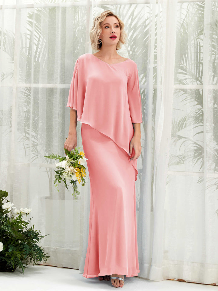 V-neck 3/4 Sleeves Chiffon Bridesmaid Dress - Ballet Pink (81222540)