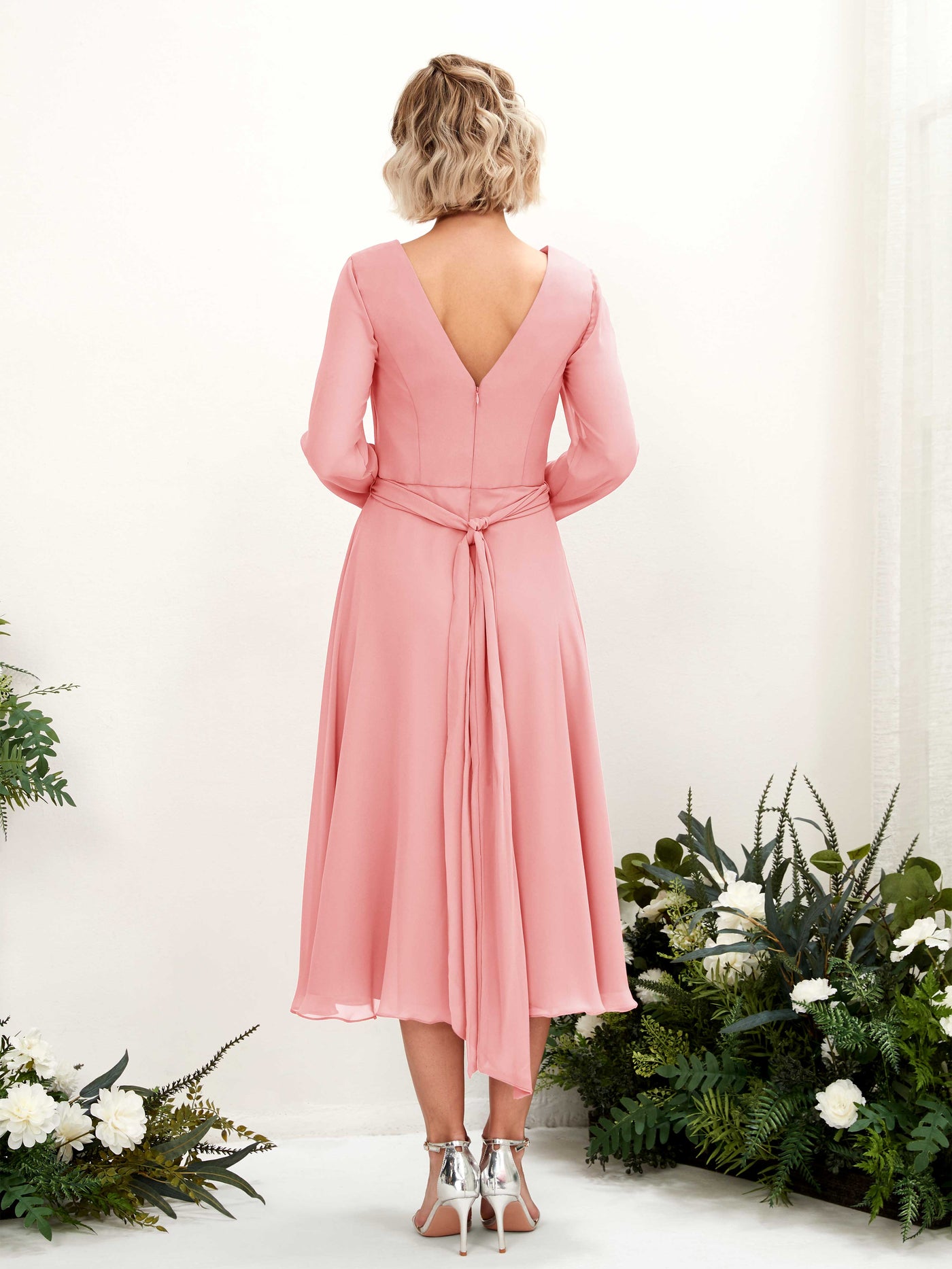 Carlyna Joanna A-Line Ballet Pink Bridesmaid Dress Midi Long Sleeve V-Neck  #color_ballet-pink