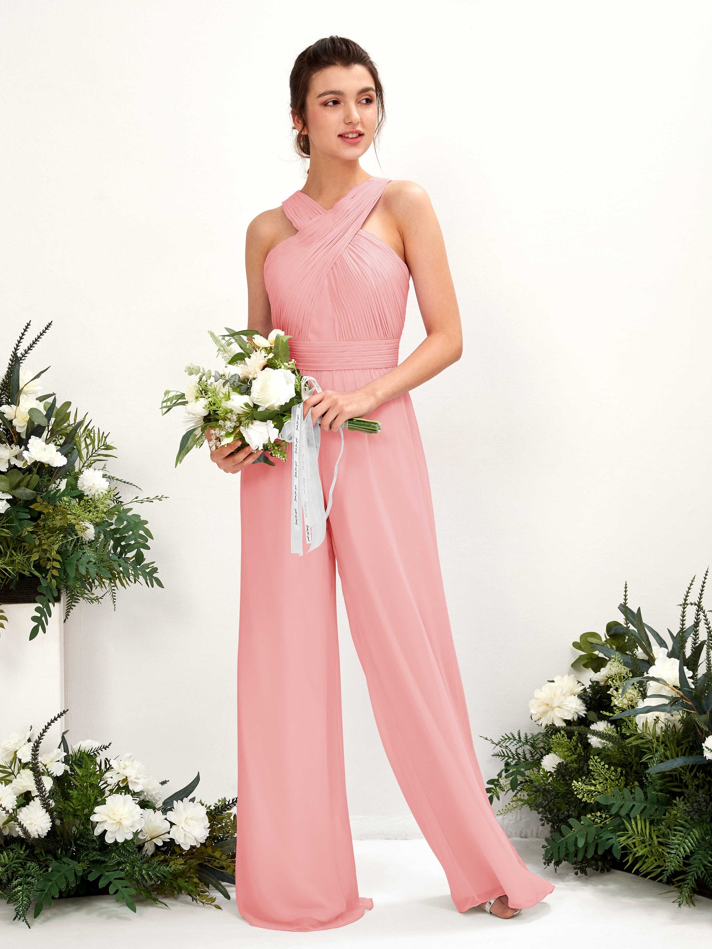 Carlyna Hilona Jumpsuit Ballet Pink Bridesmaid Dress Maxi Sleeveless V-Neck Dress #color_ballet-pink