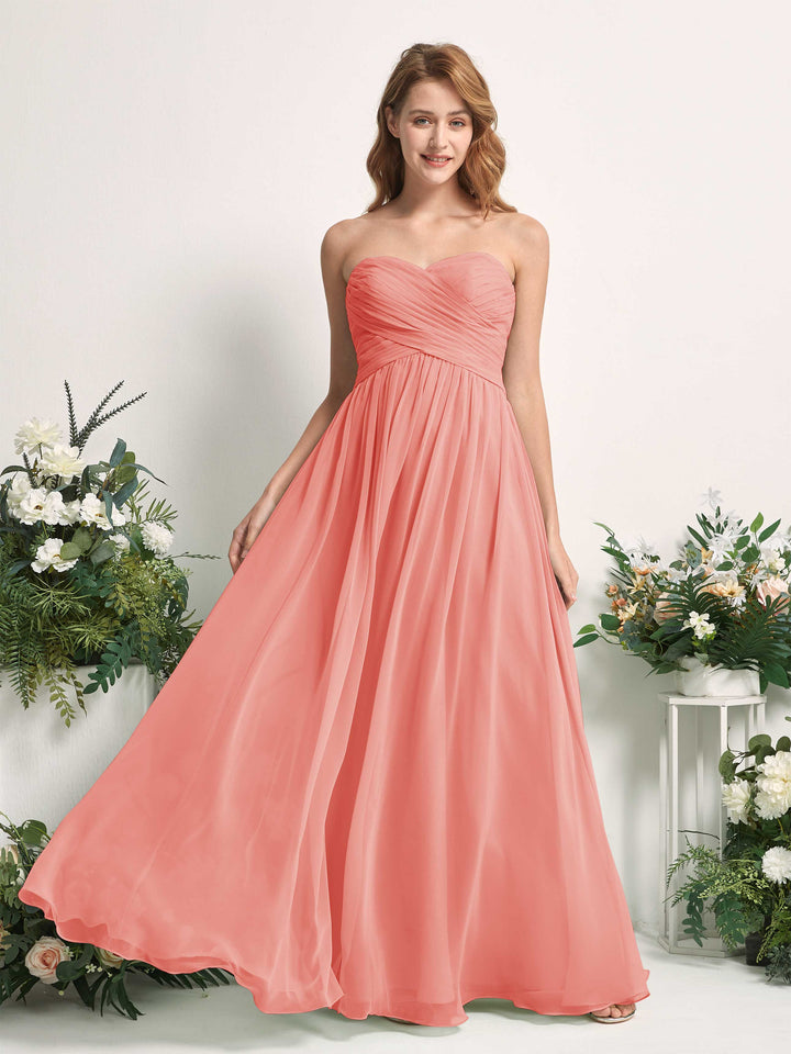 Bridesmaid Dress A-line Chiffon Sweetheart Full Length Sleeveless Wedding Party Dress - Peach Pink (81226929)