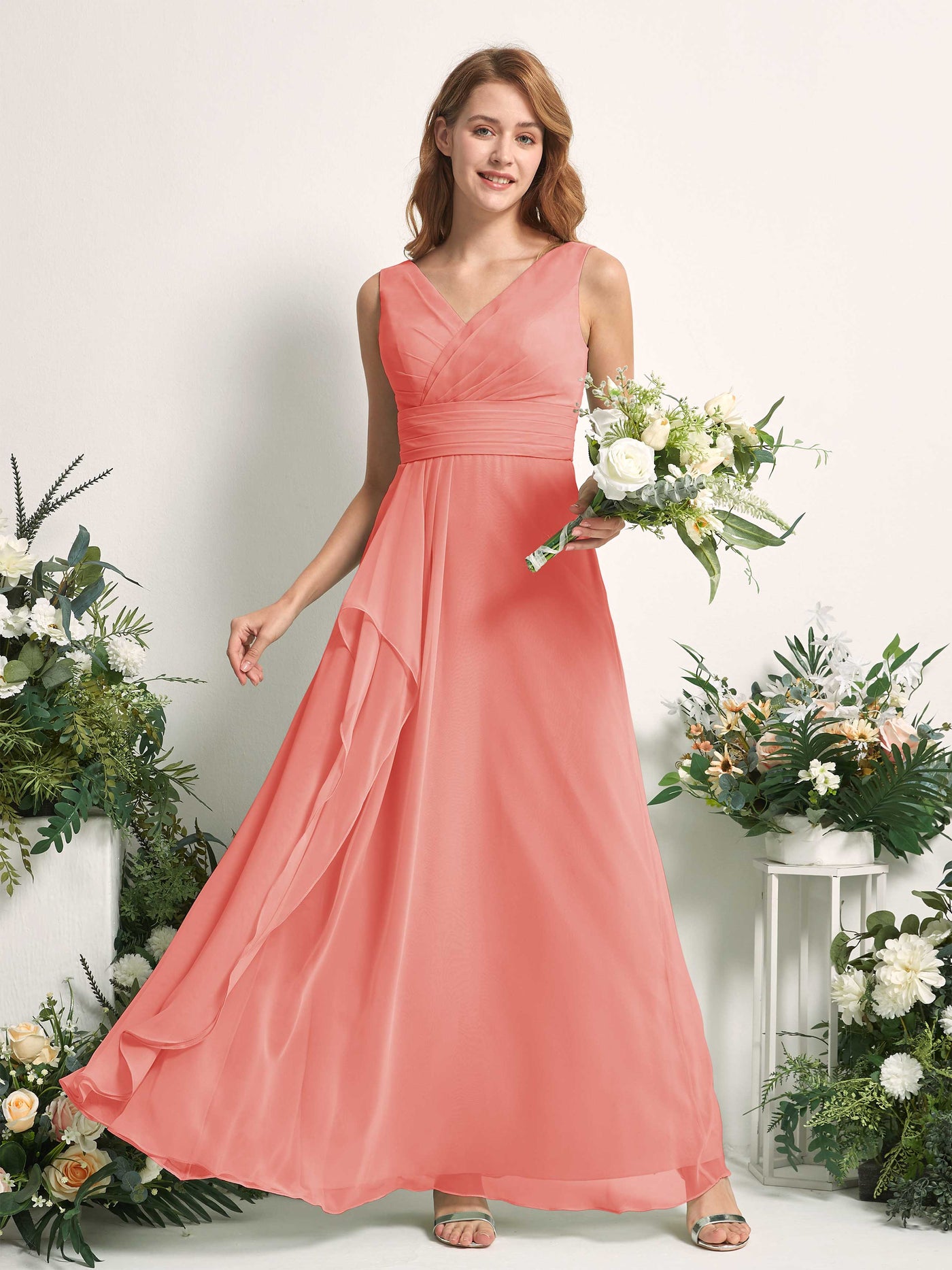 Carlyna Mollie A-Line Peach Pink Bridesmaid Dress Maxi Sleeveless V-Neck Dress #color_peach-pink