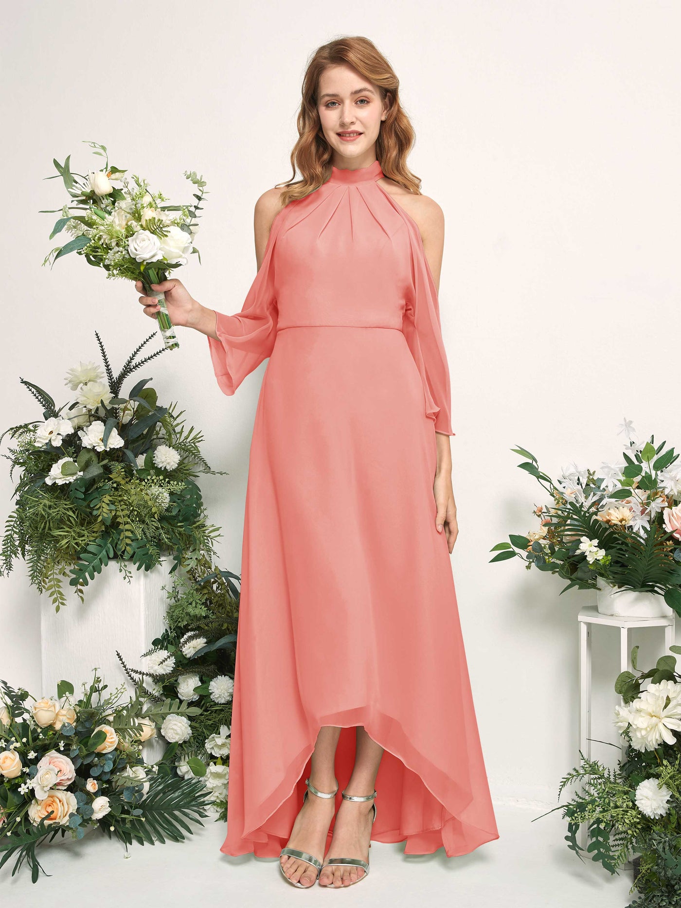 Carlyna Maxine A-Line Peach Pink Bridesmaid Dress Maxi Sleeveless Round Neck Dress #color_peach-pink