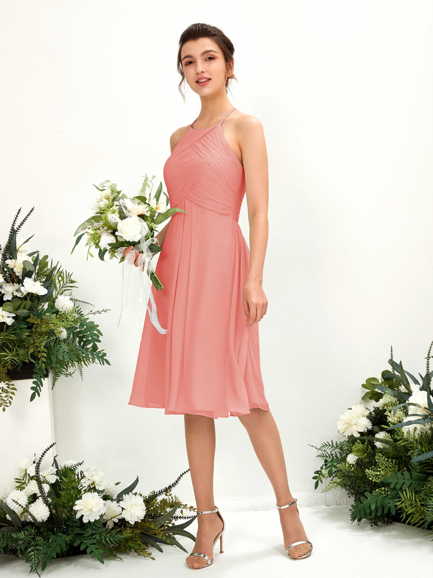 A-line Halter Sleeveless Chiffon Bridesmaid Dress - Peach Pink (81220429)#color_peach-pink