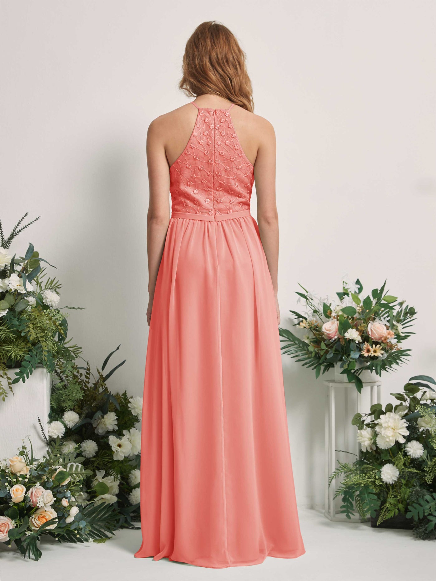 Peach Pink Bridesmaid Dresses A-line Halter Sleeveless Chiffon Dresses (83220829)#color_peach-pink