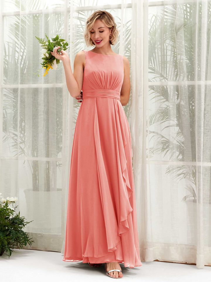 A-line Bateau Sleeveless Chiffon Bridesmaid Dress - Peach Pink (81225829)