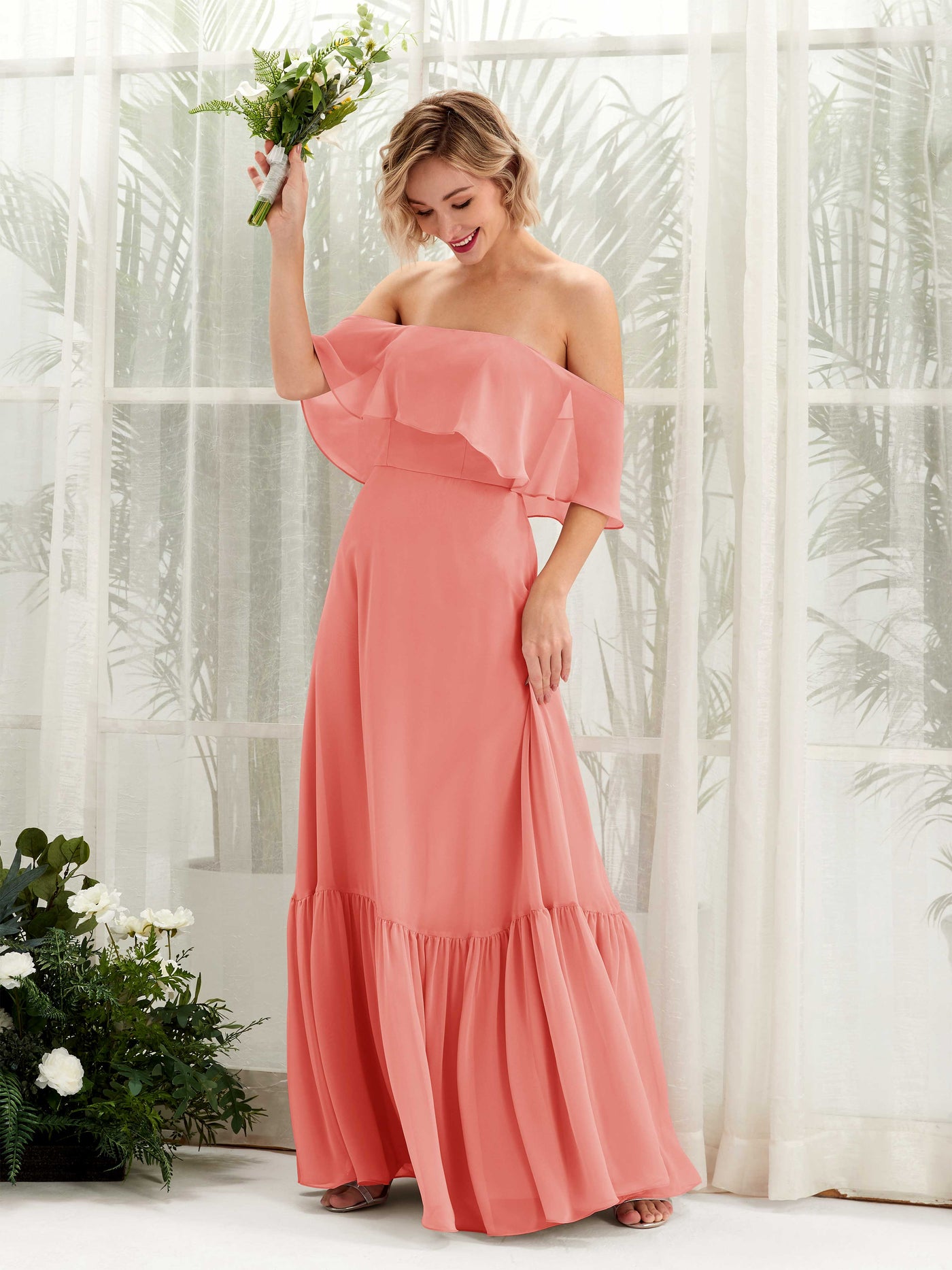 Carlyna Joie A-Line Peach Pink Bridesmaid Dress Maxi Sleeveless Off the Shoulder Dress #color_peach-pink