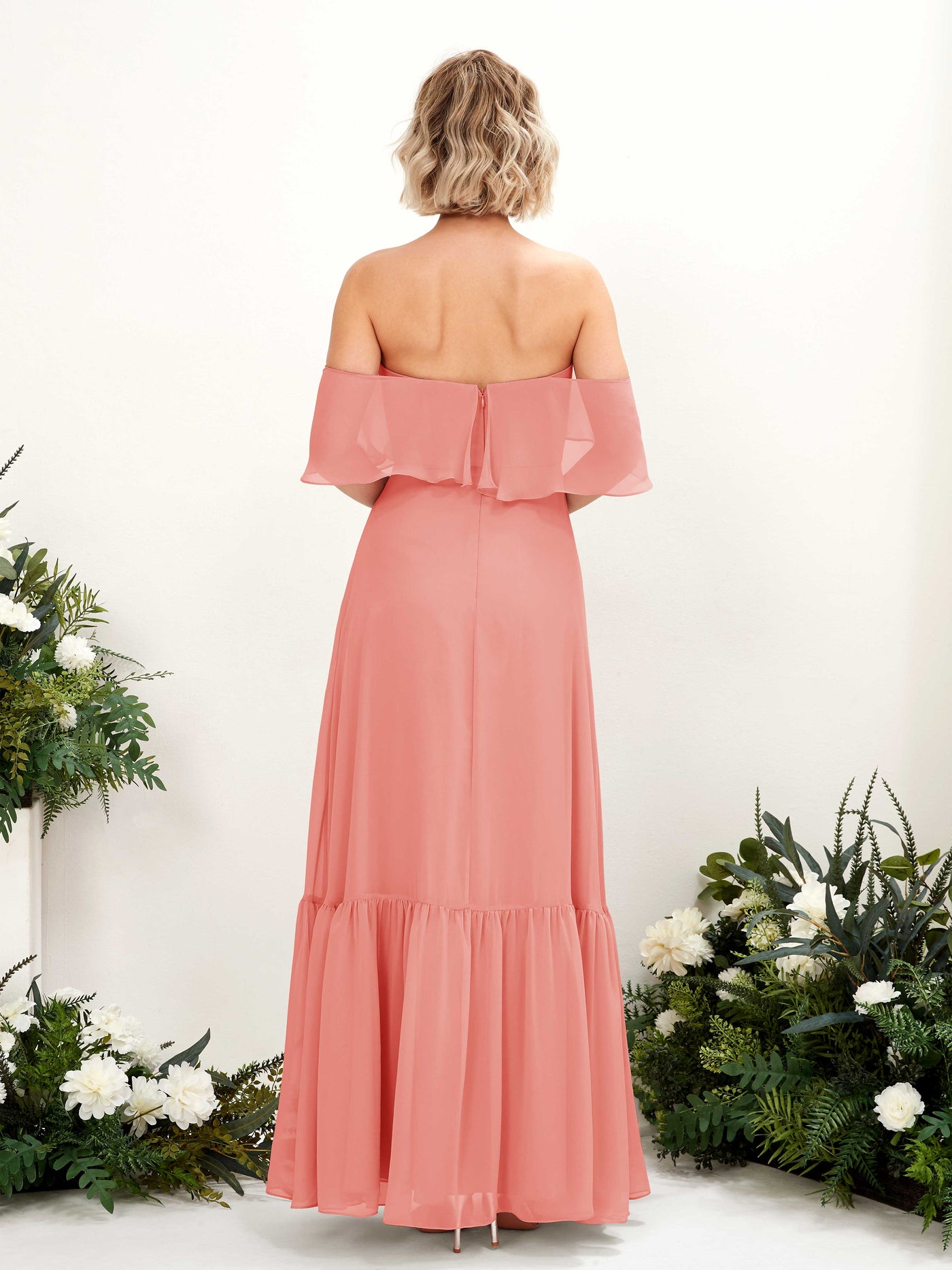 Carlyna Joie A-Line Peach Pink Bridesmaid Dress Maxi Sleeveless Off the Shoulder Dress #color_peach-pink