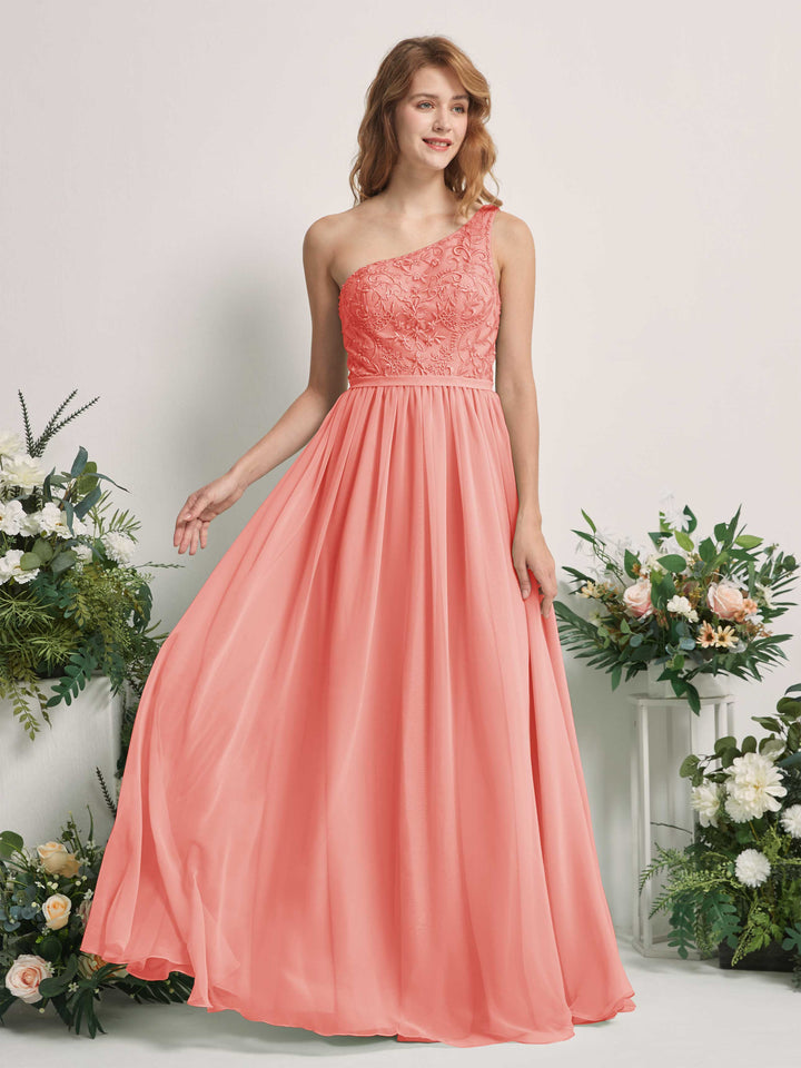 Peach Pink Bridesmaid Dresses A-line Open back One Shoulder Sleeveless Dresses (83220529)