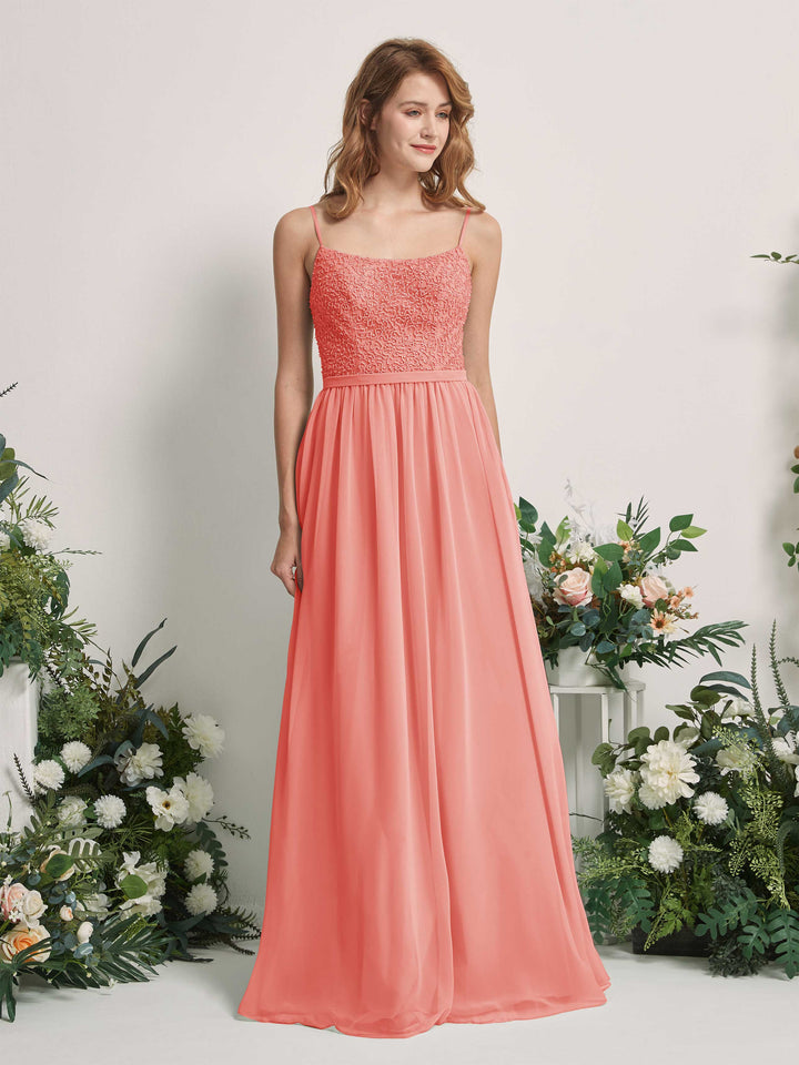 Peach Pink Bridesmaid Dresses A-line Open back Spaghetti-straps Sleeveless Dresses (83220129)