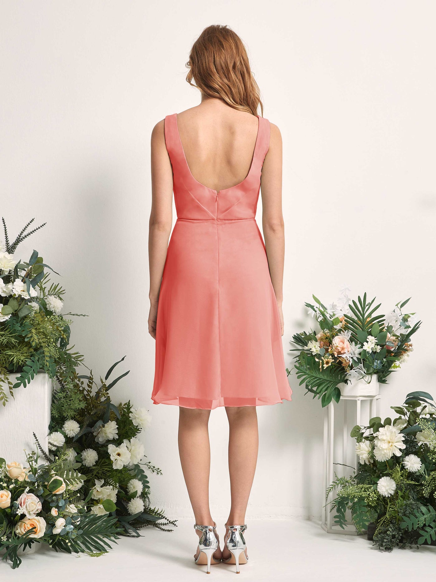 Bridesmaid Dress A-line Chiffon Straps Knee Length Sleeveless Wedding Party Dress - Peach Pink (81226629)#color_peach-pink