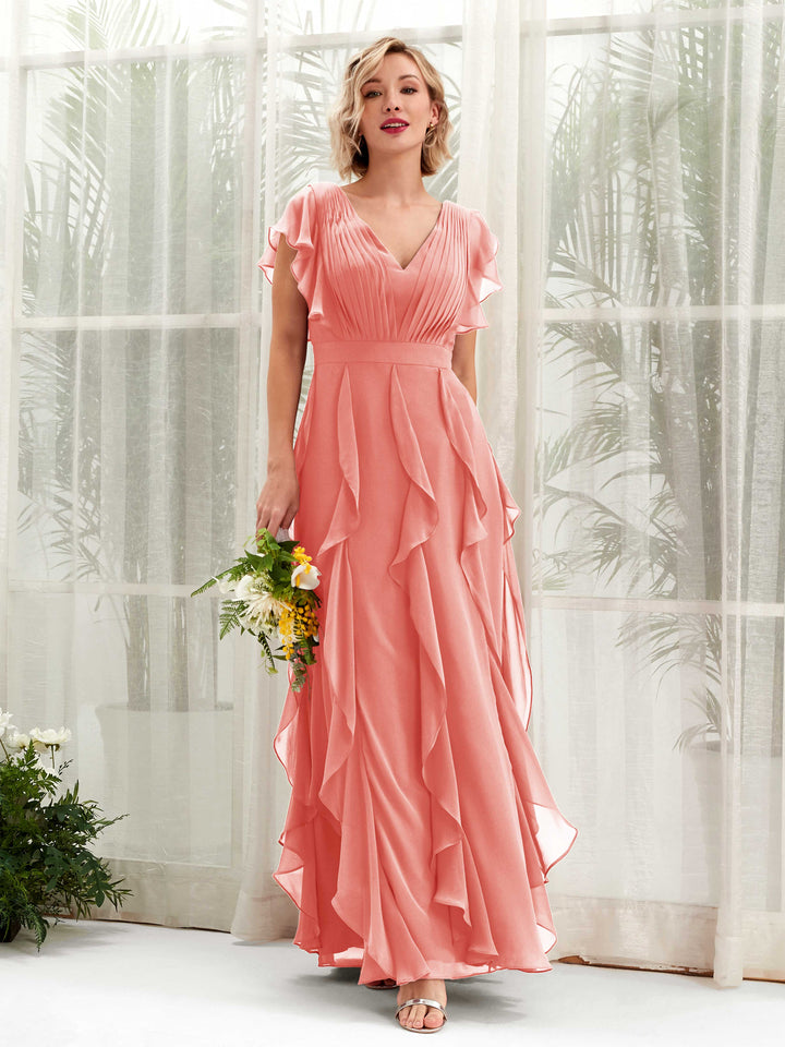 A-line V-neck Short Sleeves Chiffon Bridesmaid Dress - Peach Pink (81226029)