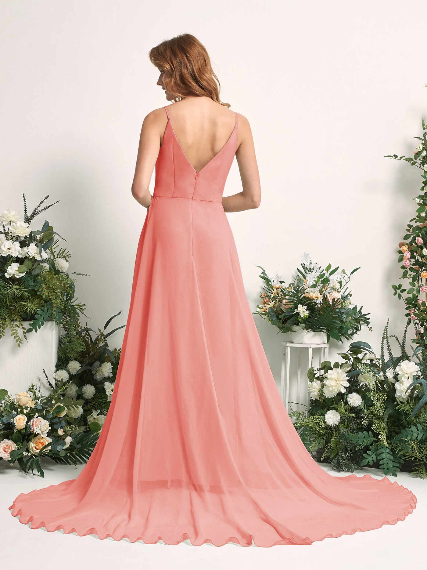 Bridesmaid Dress A-line Chiffon Spaghetti-straps Full Length Sleeveless Wedding Party Dress - Peach Pink (81227729)#color_peach-pink