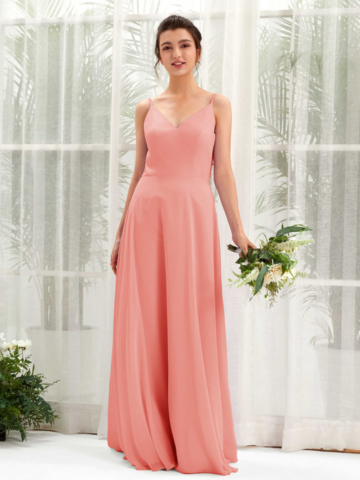 A-line Spaghetti-straps V-neck Sleeveless Chiffon Bridesmaid Dress - Peach Pink (81220629)