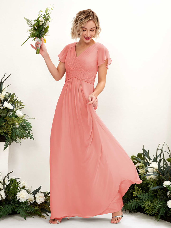 A-line V-neck Cap Sleeves Chiffon Bridesmaid Dress - Peach Pink (81224329)