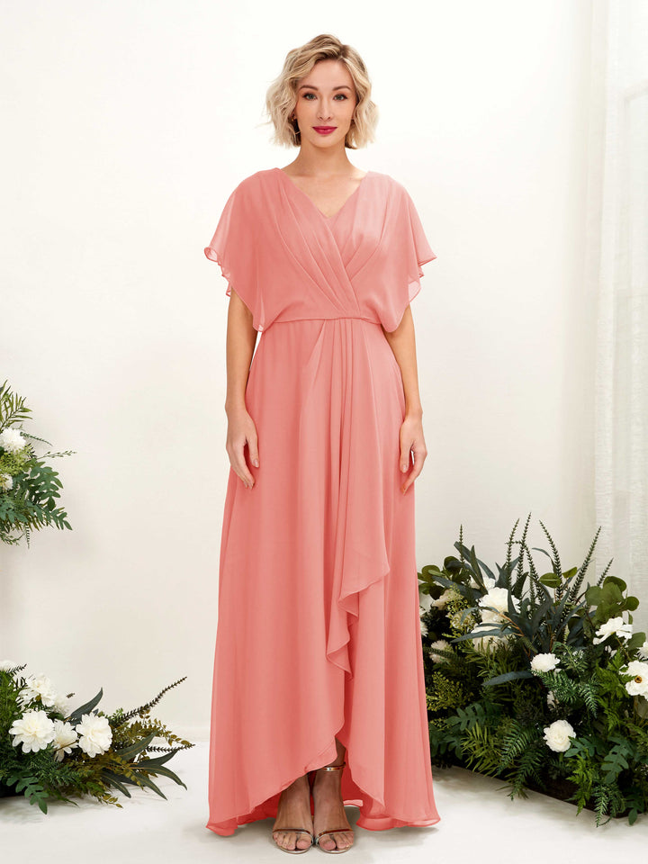 A-line V-neck Short Sleeves Chiffon Bridesmaid Dress - Peach Pink (81222129)