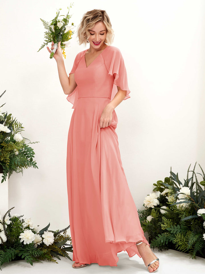 Carlyna Winnie A-Line Peach Pink Bridesmaid Dress Maxi Short Sleeve V-Neck Dress 