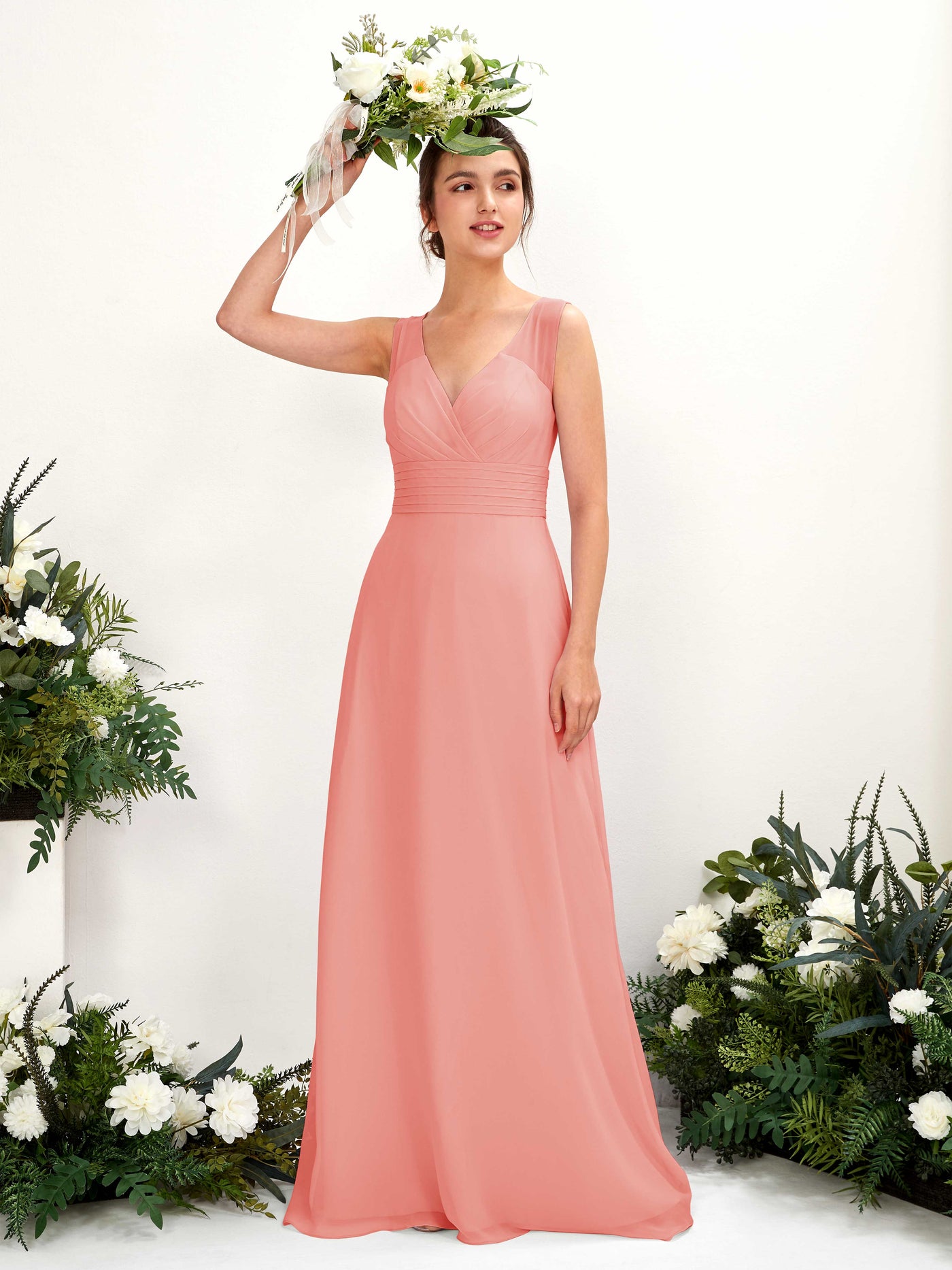 Carlyna Karen A-Line Peach Pink Bridesmaid Dress Maxi Sleeveless V-Neck Dress #color_peach-pink