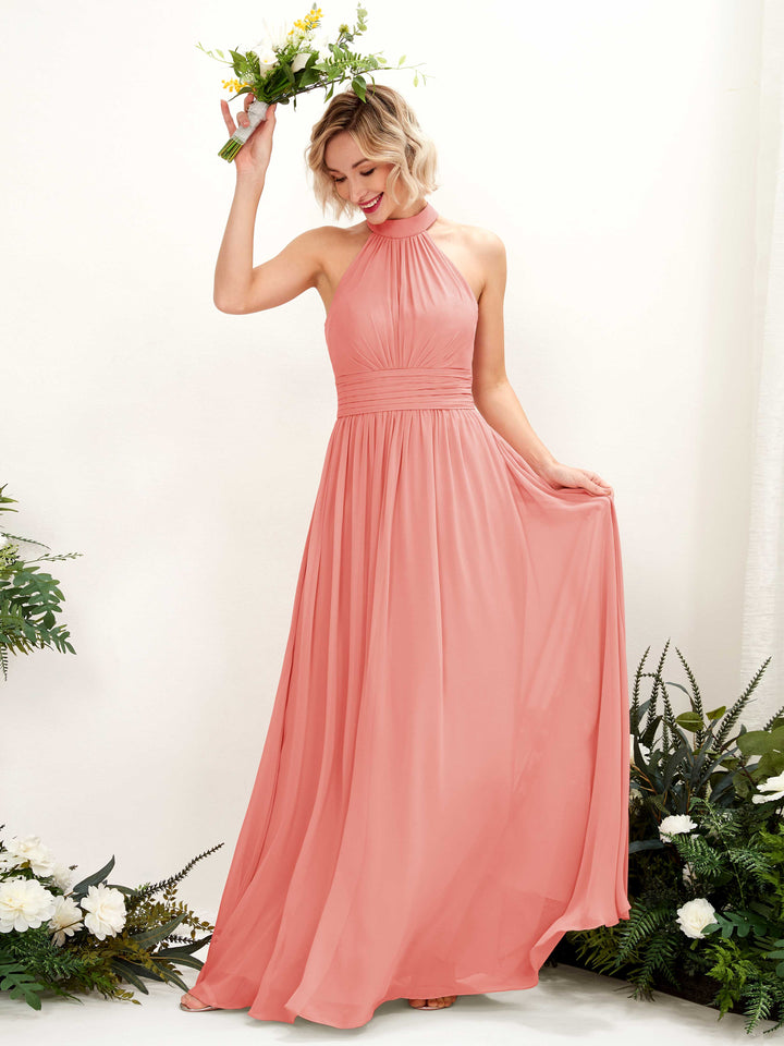 Carlyna Hilda A-Line Peach Pink Bridesmaid Dress Maxi Sleeveless Round Neck Dress 