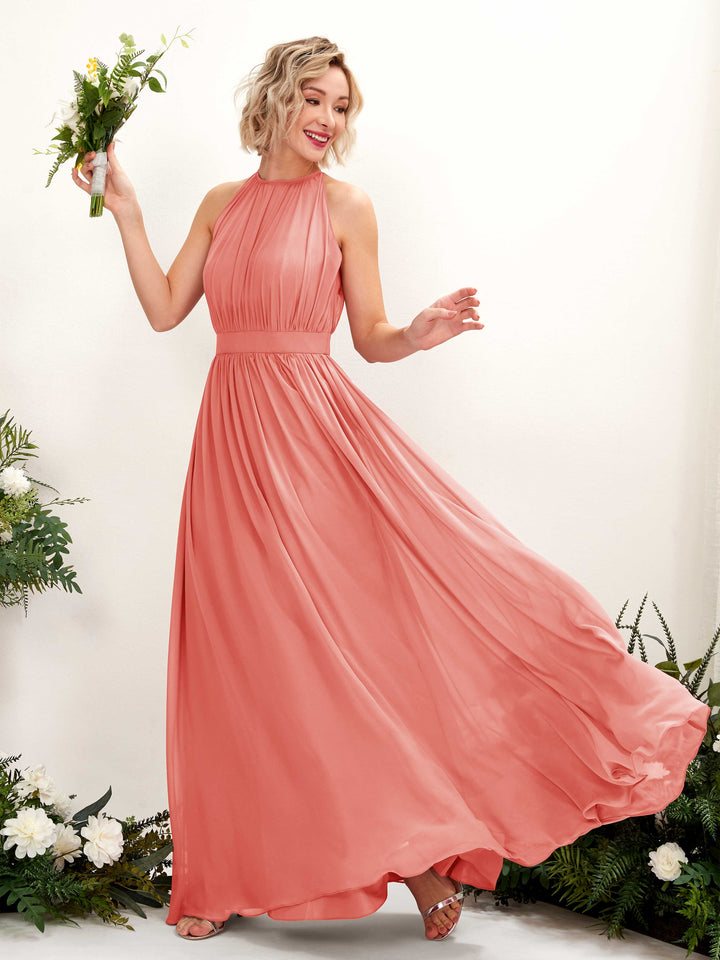 Halter Sleeveless Chiffon Bridesmaid Dress - Peach Pink (81223129)