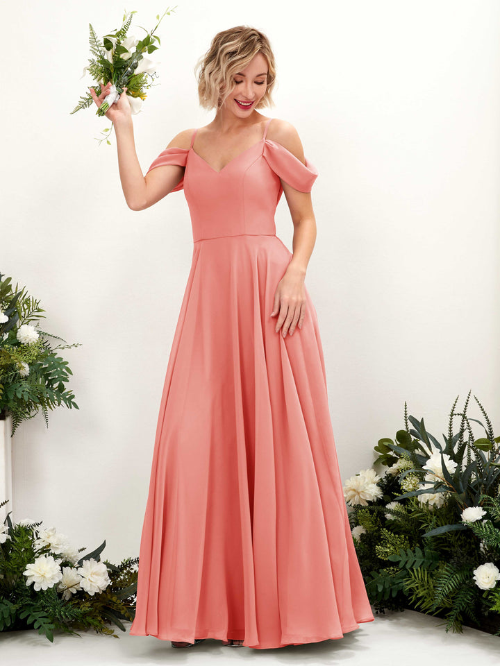 Carlyna Kauku A-Line Peach Pink Bridesmaid Dress Maxi Sleeveless V-Neck Dress 