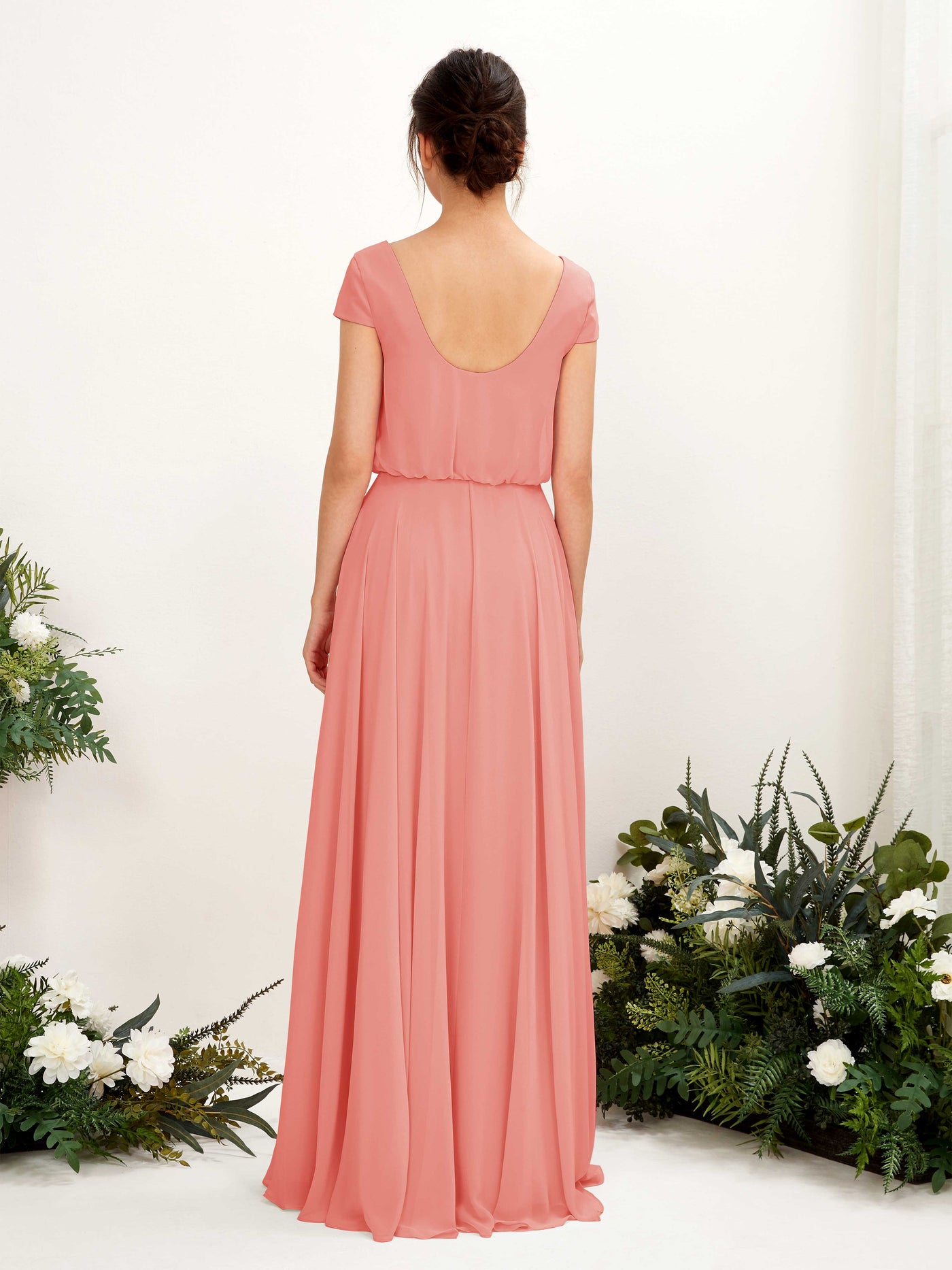 Carlyna Pauline A-Line Peach Pink Bridesmaid Dress Maxi Cap Sleeve V-Neck Dress #color_peach-pink