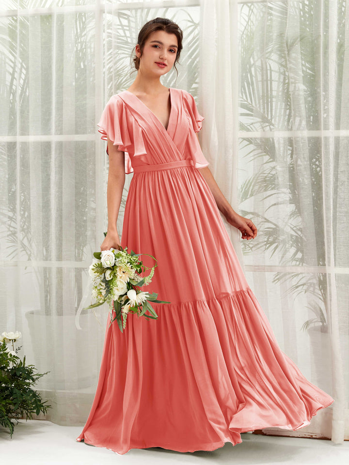 V-neck Cap Sleeves Chiffon Bridesmaid Dress - Peach Pink (81225929)