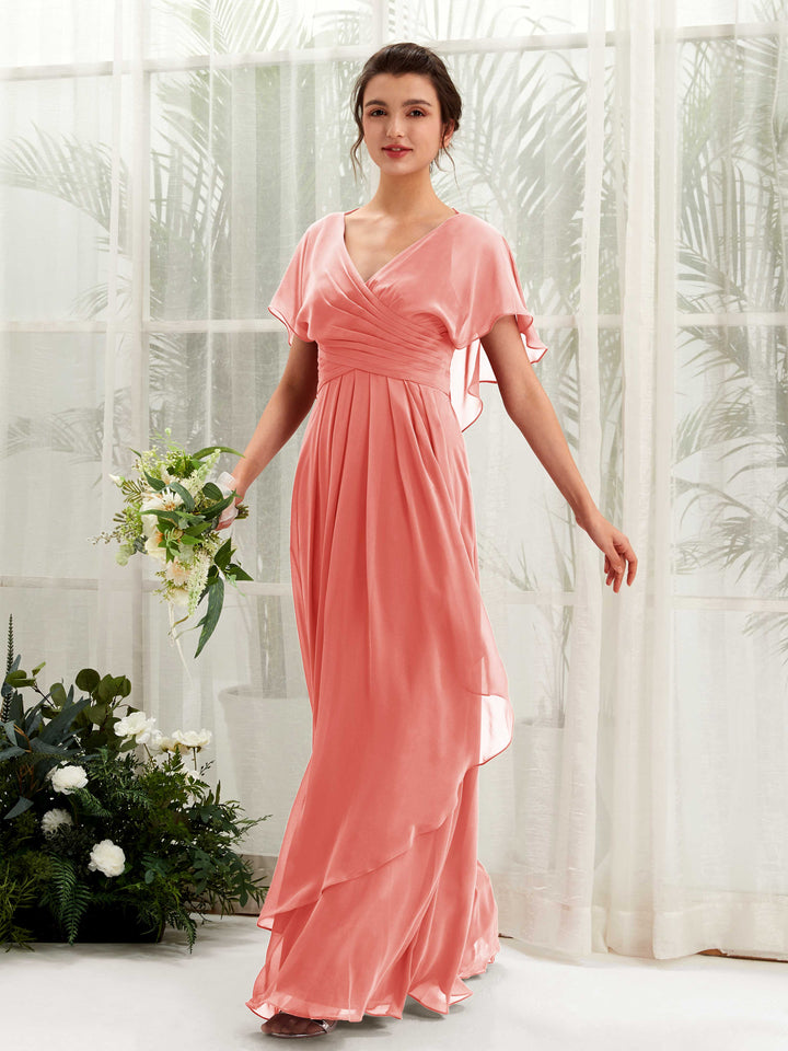 V-neck Short Sleeves Chiffon Bridesmaid Dress - Peach Pink (81226129)