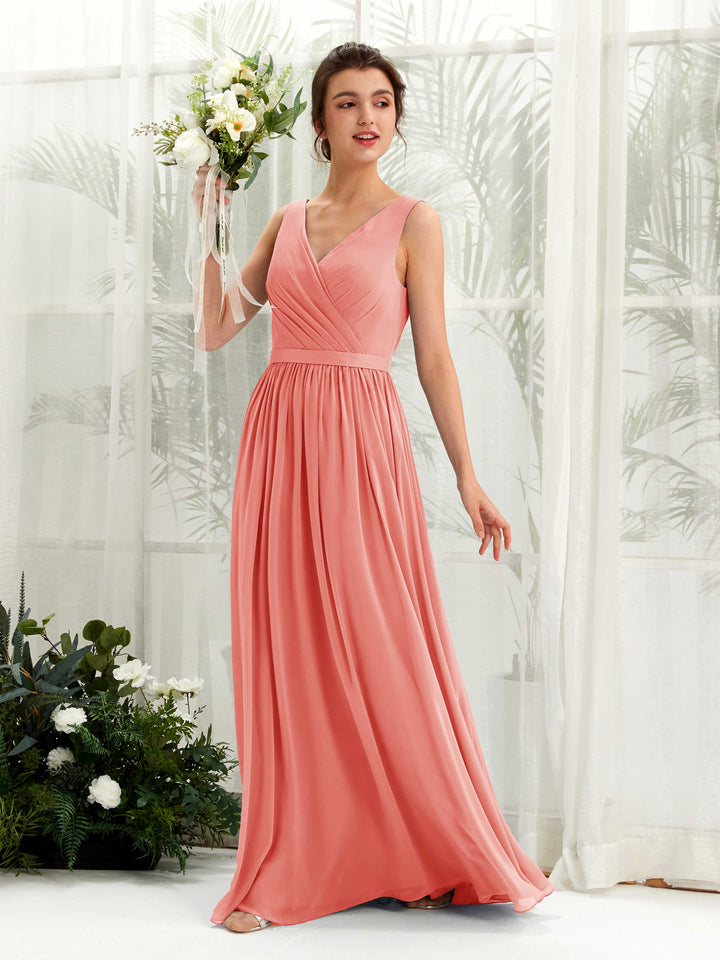 V-neck Sleeveless Chiffon Bridesmaid Dress - Peach Pink (81223629)