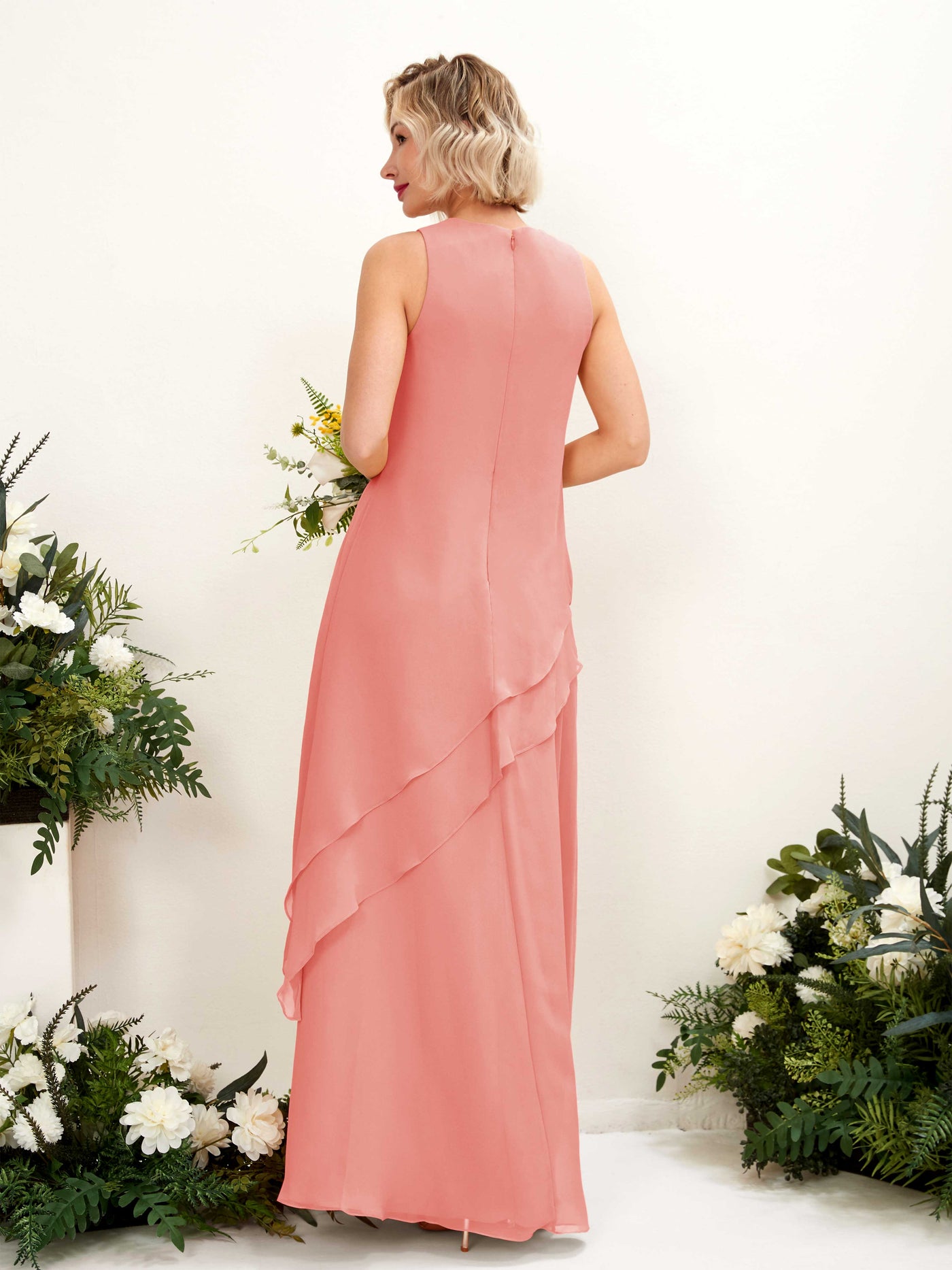 Round Sleeveless Chiffon Bridesmaid Dress - Peach Pink (81222329)#color_peach-pink