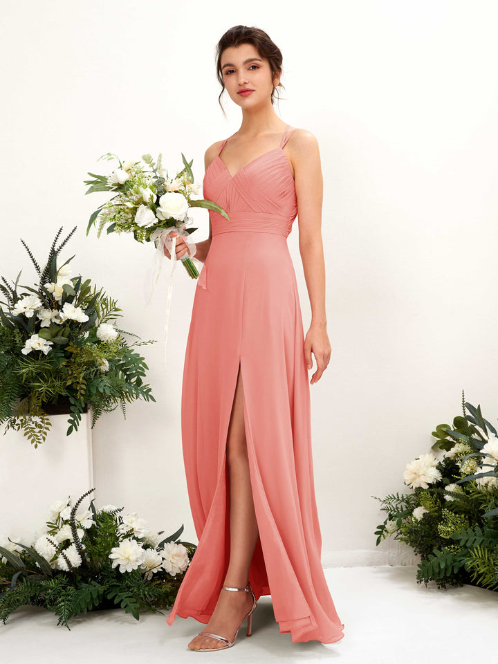 Carlyna Joa A-Line Peach Pink Bridesmaid Dress Maxi Sleeveless V-Neck Dress 