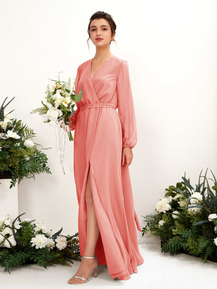 V-neck Long Sleeves Chiffon Bridesmaid Dress - Peach Pink (81223229)