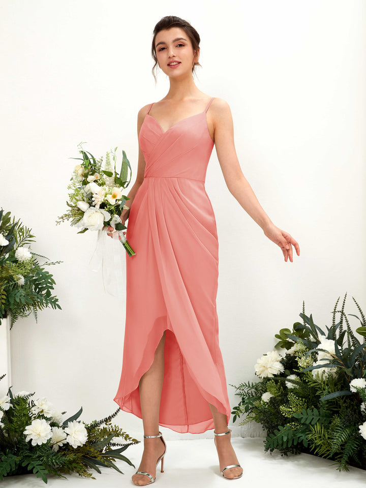 Carlyna Liliane Sheath Peach Pink Bridesmaid Dress Midi Sleeveless V-Neck Dress 