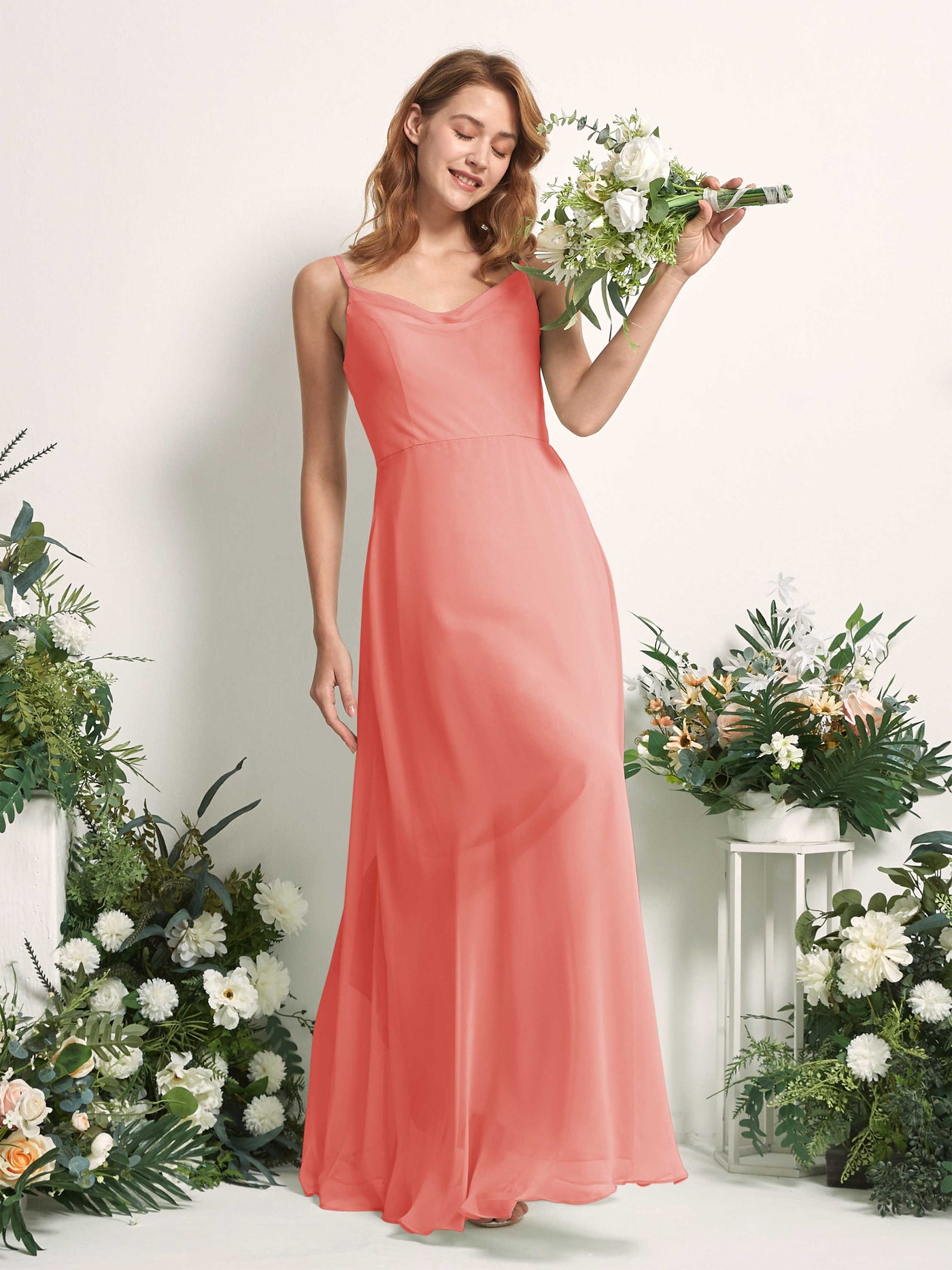 Bridesmaid Dress A-line Chiffon Spaghetti-straps Full Length Sleeveless Wedding Party Dress - Peach Pink (81227229)#color_peach-pink