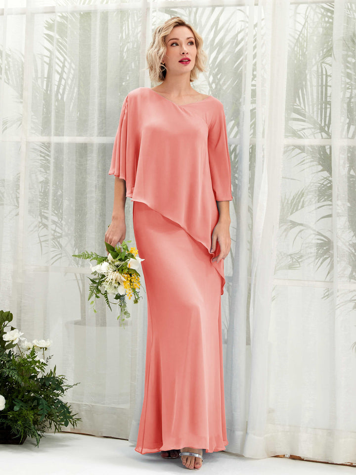 V-neck 3/4 Sleeves Chiffon Bridesmaid Dress - Peach Pink (81222529)