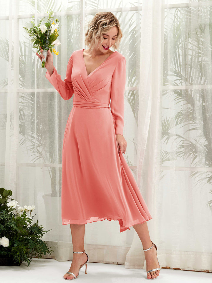 V-neck Long Sleeves Chiffon Bridesmaid Dress - Peach Pink (81223329)