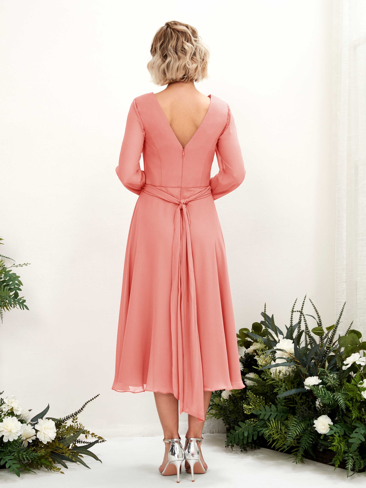 Carlyna Joanna A-Line Peach Pink Bridesmaid Dress Midi Long Sleeve V-Neck  #color_peach-pink