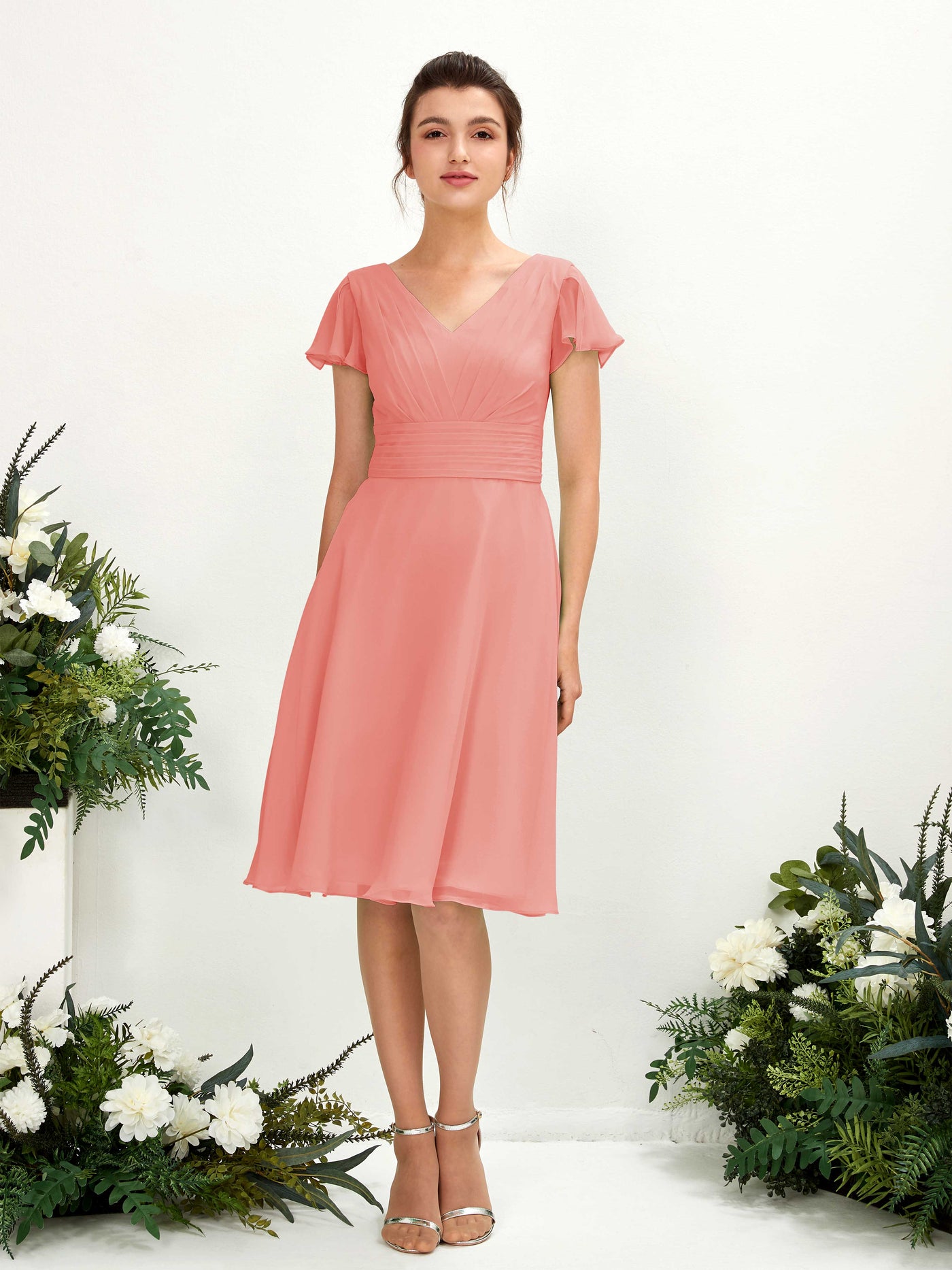 Carlyna Betty A-Line Peach Pink Bridesmaid Dress Knee-Length Short Sleeve V-Neck Dress #color_peach-pink