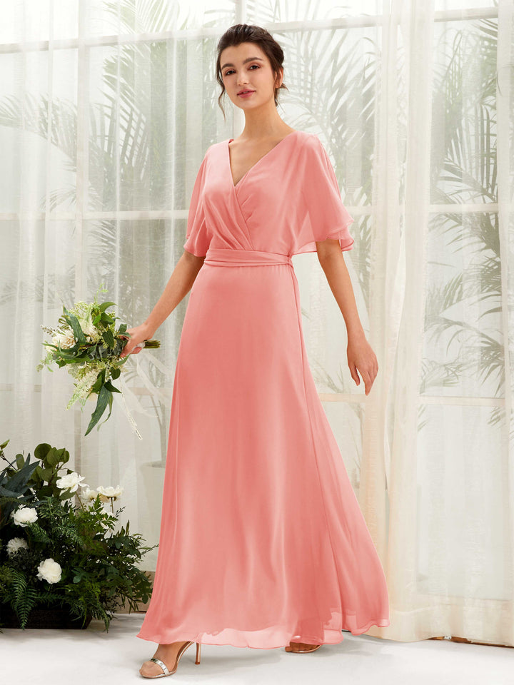 V-neck Short Sleeves Chiffon Bridesmaid Dress - Peach Pink (81222429)