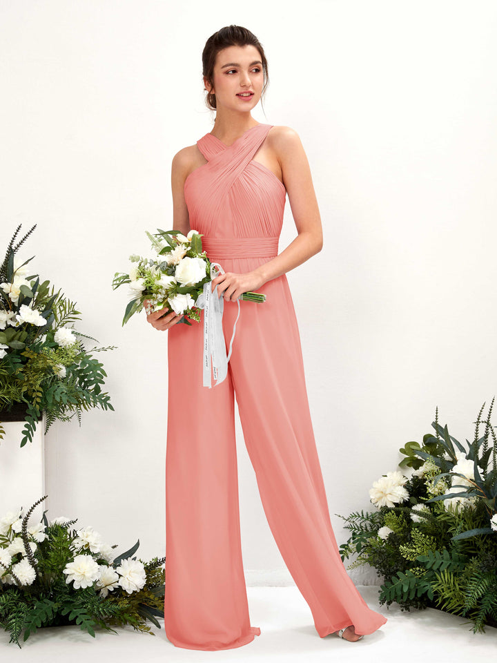 V-neck Sleeveless Chiffon Bridesmaid Dress Wide-Leg Jumpsuit - Peach Pink (81220729)