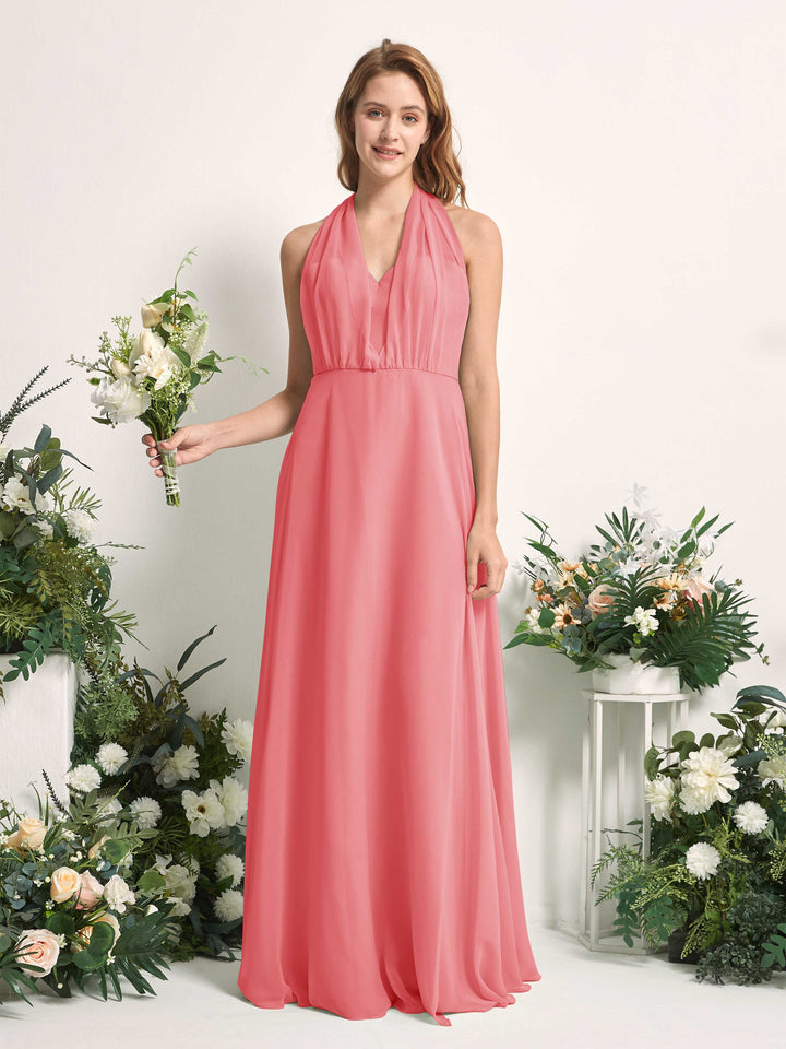 Bridesmaid Dress A-line Chiffon Halter Full Length Short Sleeves Wedding Party Dress - Coral Pink (81226330)