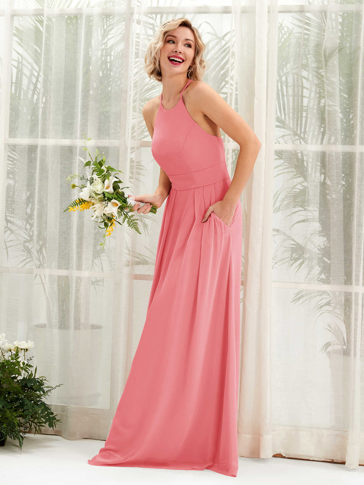 A-line Ball Gown Halter Spaghetti-straps Sleeveless Bridesmaid Dress - Coral Pink (81225230)