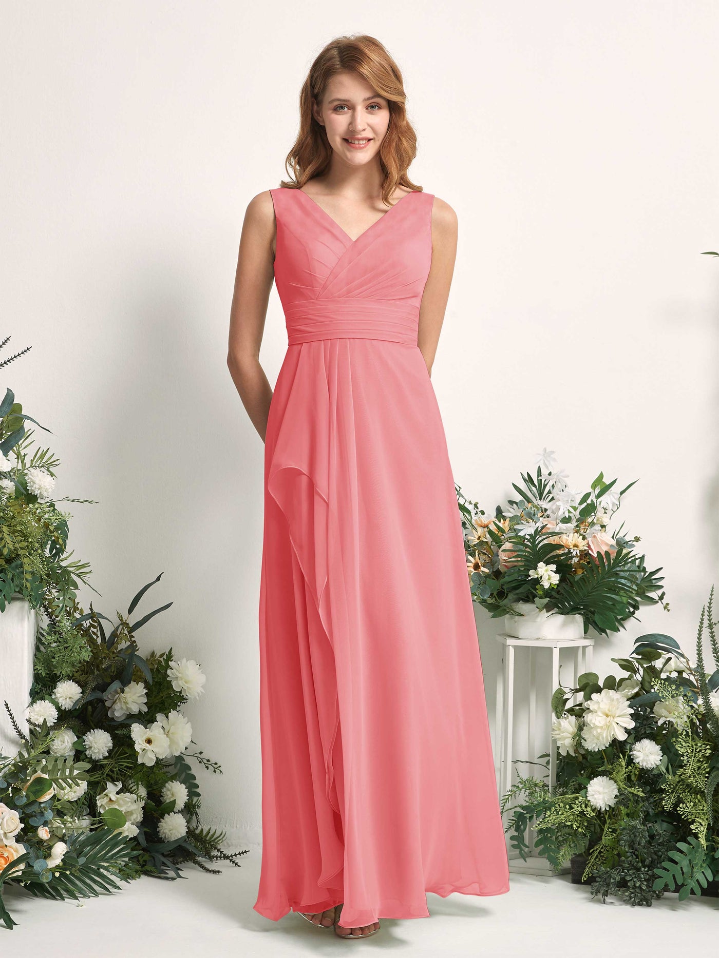 Bridesmaid Dress A-line Chiffon V-neck Full Length Sleeveless Wedding Party Dress - Coral Pink (81227130)#color_coral-pink