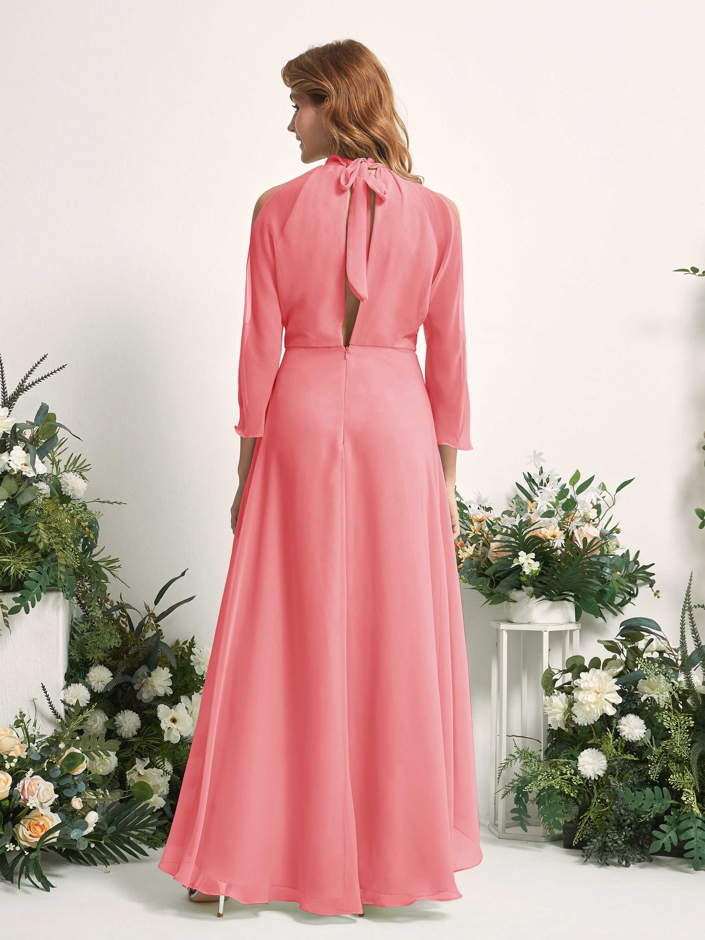 Carlyna Maxine A-Line Coral Pink Bridesmaid Dress Maxi Sleeveless Round Neck Dress #color_coral-pink