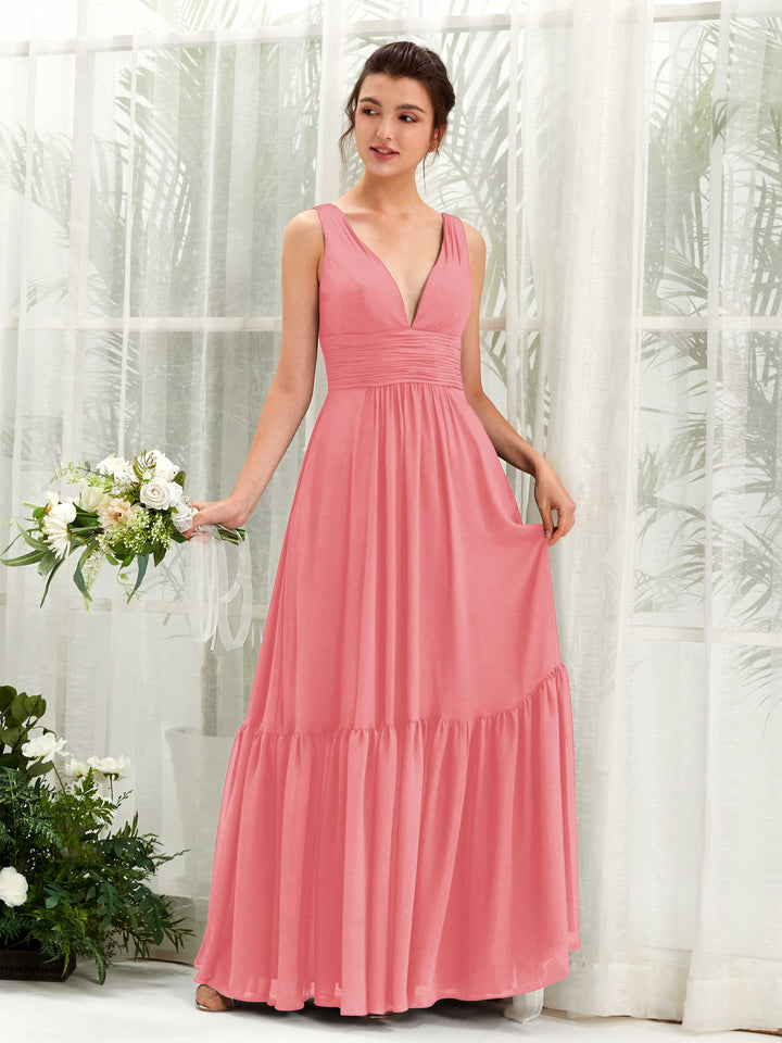 A-line Maternity Straps Sleeveless Chiffon Bridesmaid Dress - Coral Pink (80223730)