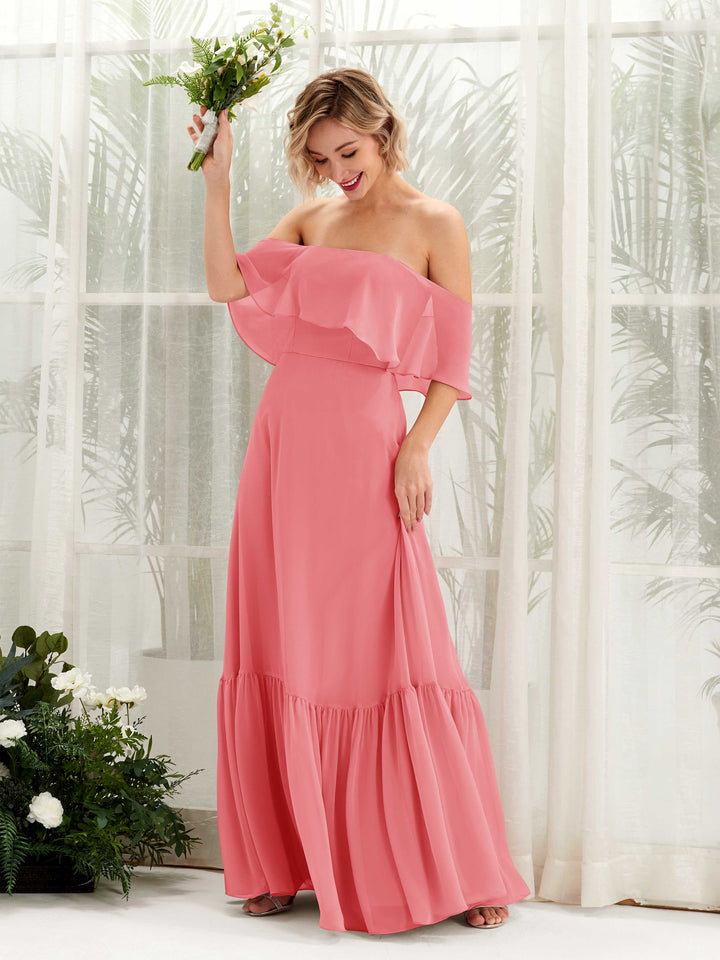 A-line Off Shoulder Chiffon Bridesmaid Dress - Coral Pink (81224530)